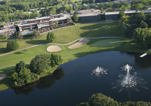 Golf course and pond outside the main building