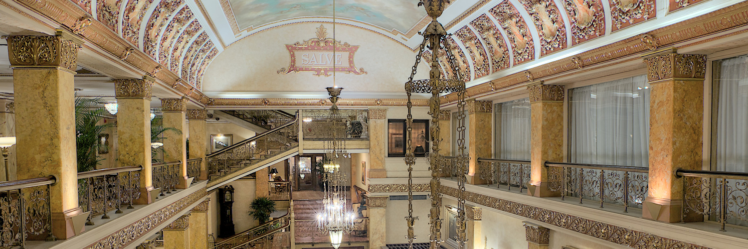 Ceiling and chandelier at the Pfister Hotel